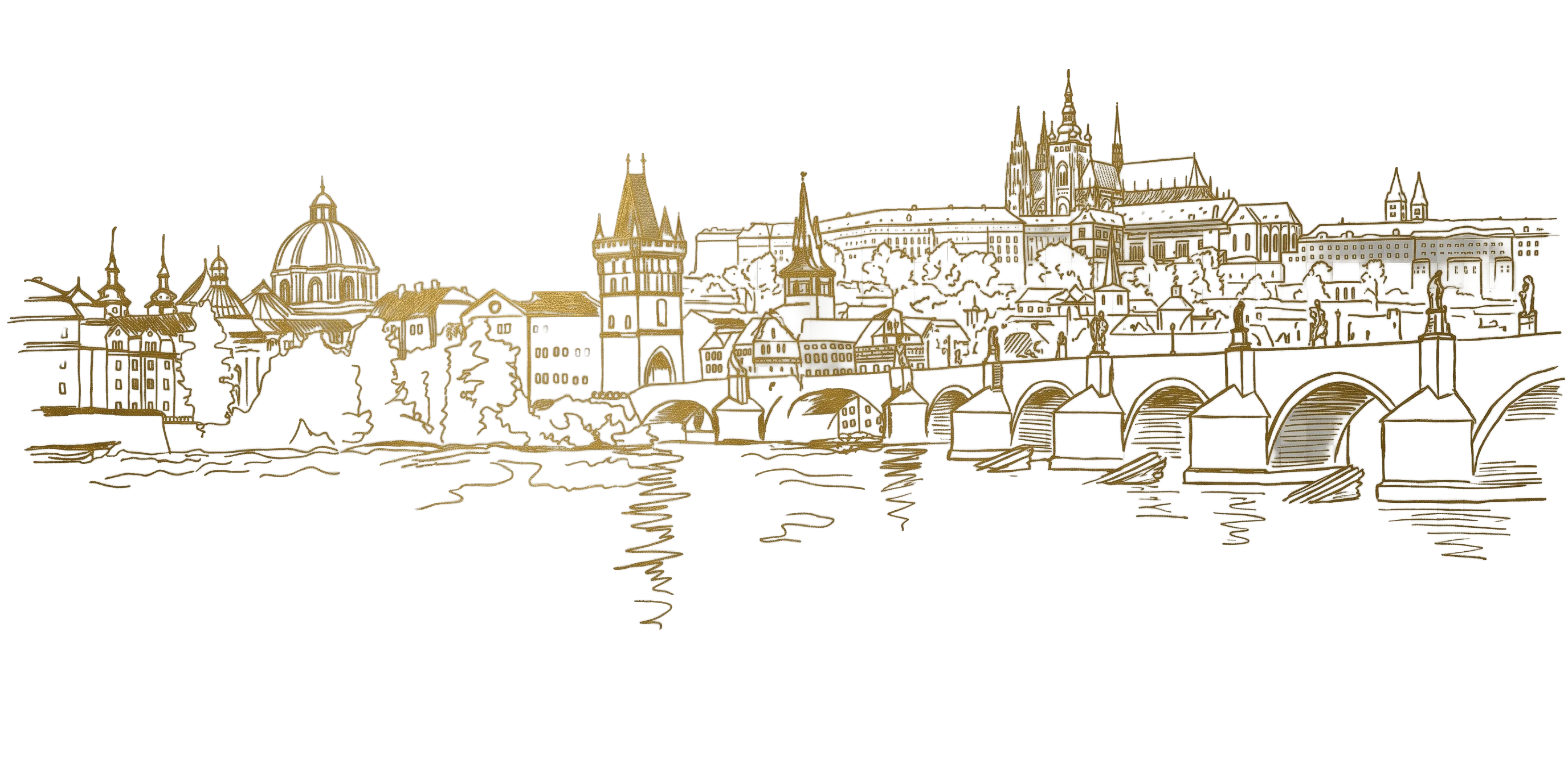 Kresba Prahy - Karlův most, Vltava a Pražský hrad