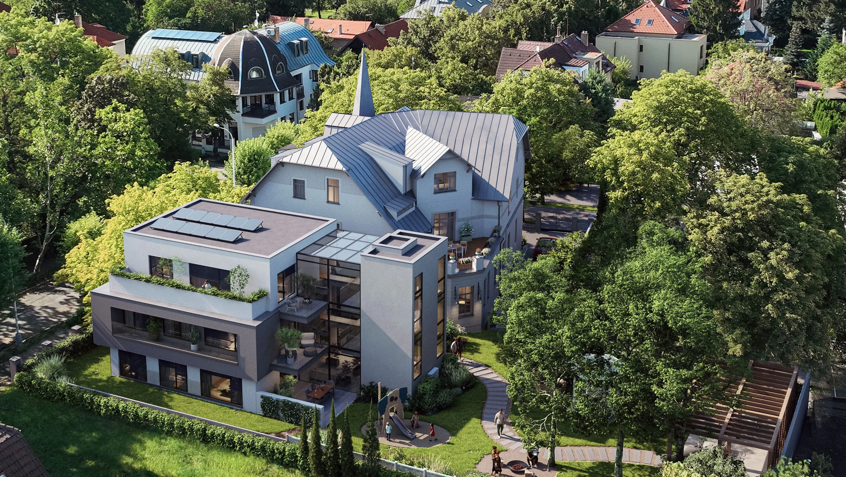 Villa Voyta, Praha 4 - vizualizace areálu po rekonstrukci z ptačí perspektivy