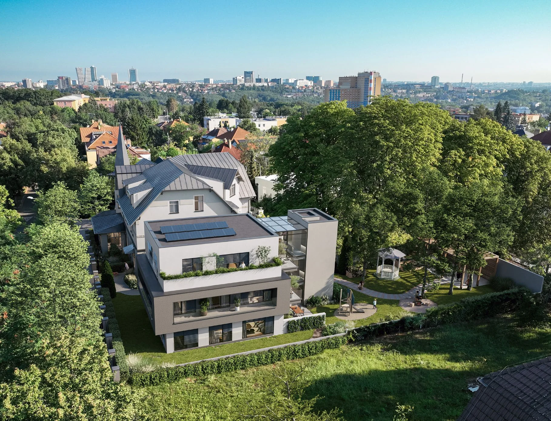 Villa Voyta, Praha 4 - vizualizace areálu s panoramatem Prahy v pozadí