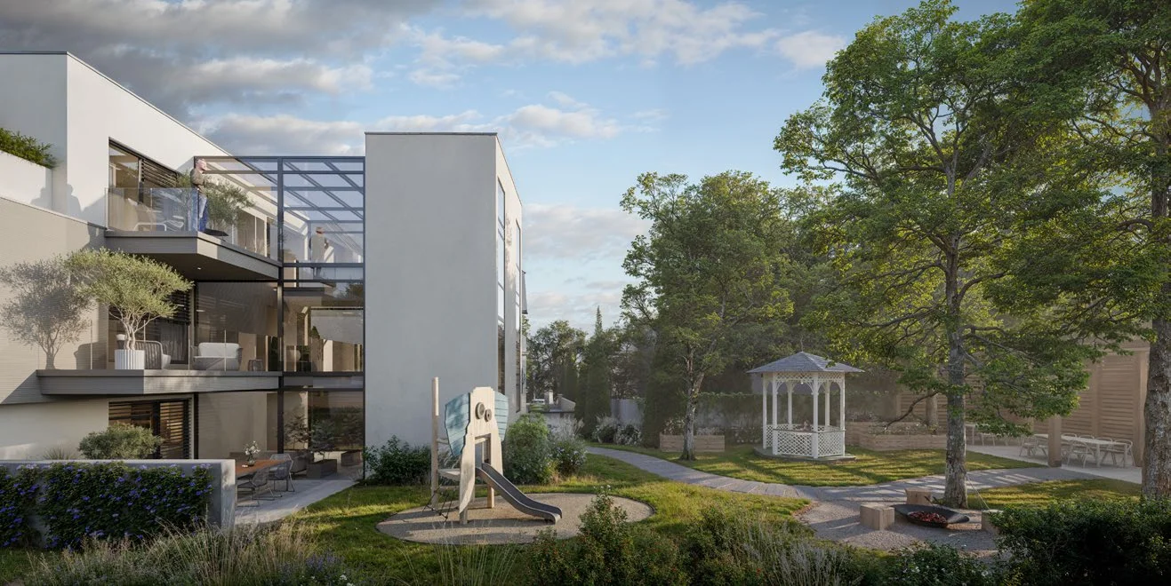 Villa Voyta, Praha 4 - vizualizace zahrady s novostavbou a altánem